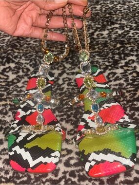 Liliana Multicolor Jeweled T-Strap Sandals with Gold Beaded Anklet Closure